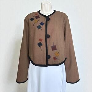 Vintage Beppa Geometric Embroidery Motive Wearable Art Short Jacket Size M Brown
